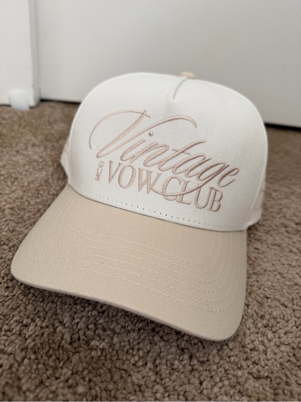 “Vintage Vow Club” Embroidered Trucker Hat - Cream & Tan